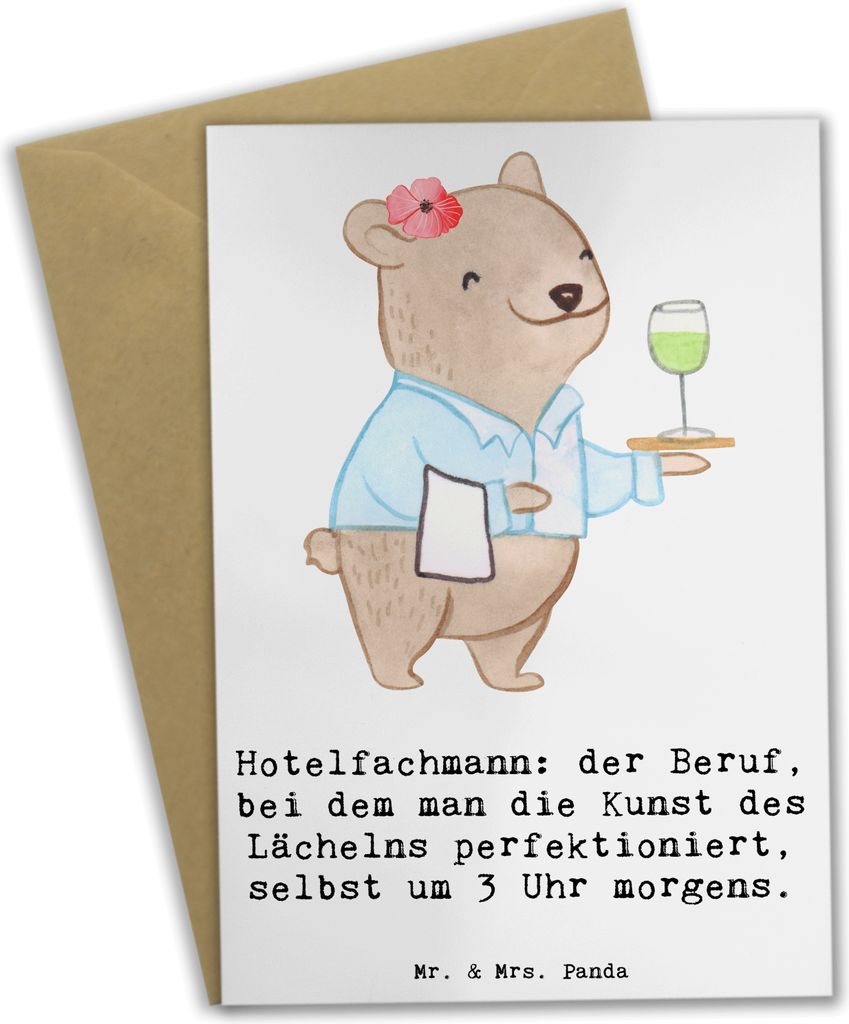 Mr. & Mrs. Panda Klappkarte Hotelfachmann Lächeln - Weiß - Geschenk, dankeskarten, Berufsleben, Beruf, weihnachtskarten, Grußkarten, Berufe, Gas...