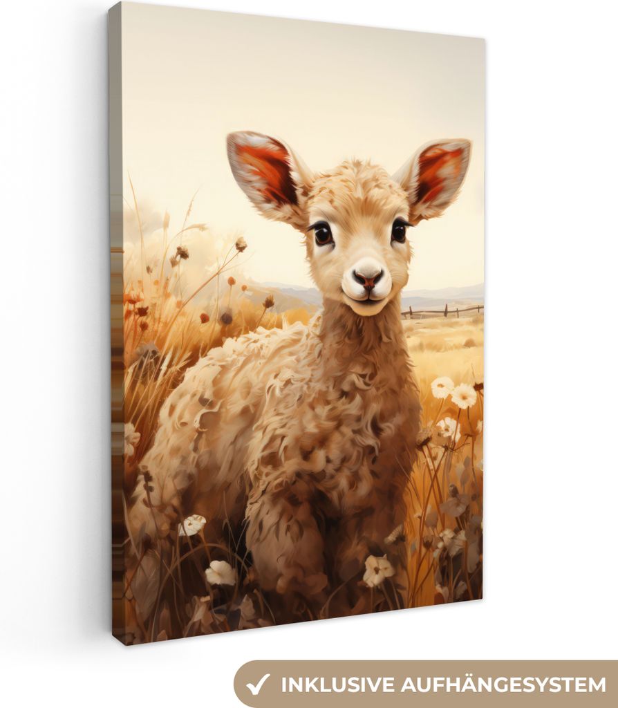 MuchoWow - Leinwandbilder - Vintage - Schaf - Lamm - Blumen - Natur - Tiere, Wandbild, Wanddeko Bilder Wohnzimmer, 40x60 cm