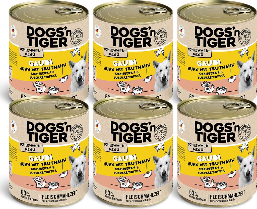 Dogs’n Tiger Adult Hundefutter, Gaudi, Nassfutter, Getreidefrei, Huhn, Truthahn, Cranberry & Süßkartoffel, 6x 800g