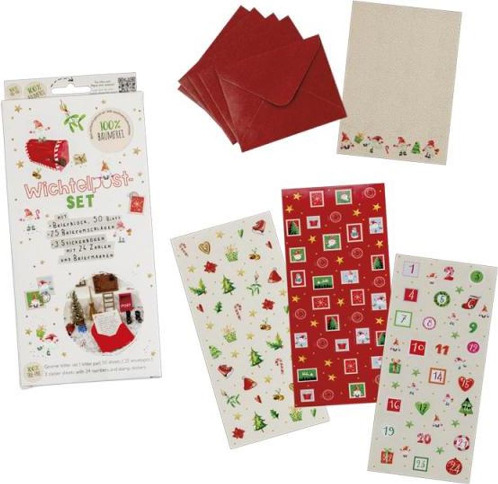 Bastelset Wichtelpost rot, 50 Blatt Block (9x13cm), Mini Kuvert (95x75mm), Stickerbogen