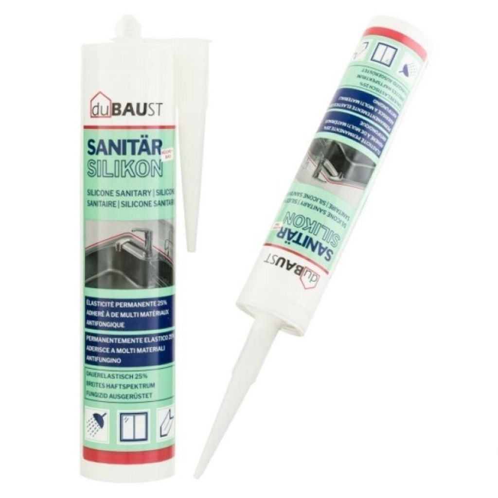 duBAUST Sanitärsilikon, professionelles Abdichten in Küche, Bad, Dusche, Fliesen, acetatvernetzend, pilzhemend, 310ml Kartusche, weiß