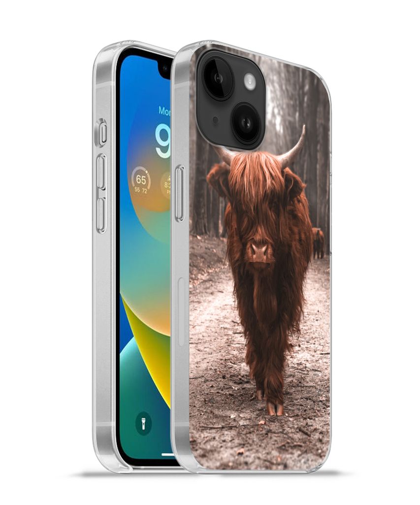 MuchoWow Handyhülle Schutzhülle Hülle für Apple iPhone 14 - Softcase Schottischer Hochländer - Wald - Kuh - Tiere - Natur Silikon Softcase H...