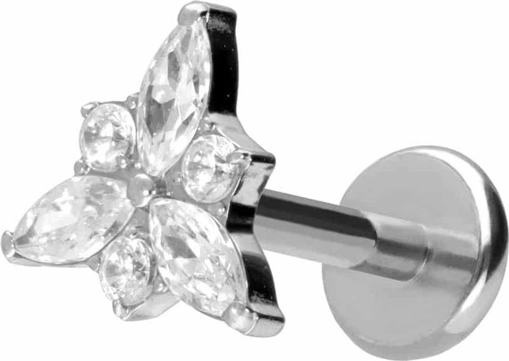 Ohrpiercing, Nasenpiercing Titan Labret mit Push Fit KRISTALLBLÜTE Silber Stablänge: 7mm | Stabstärke: 1mm