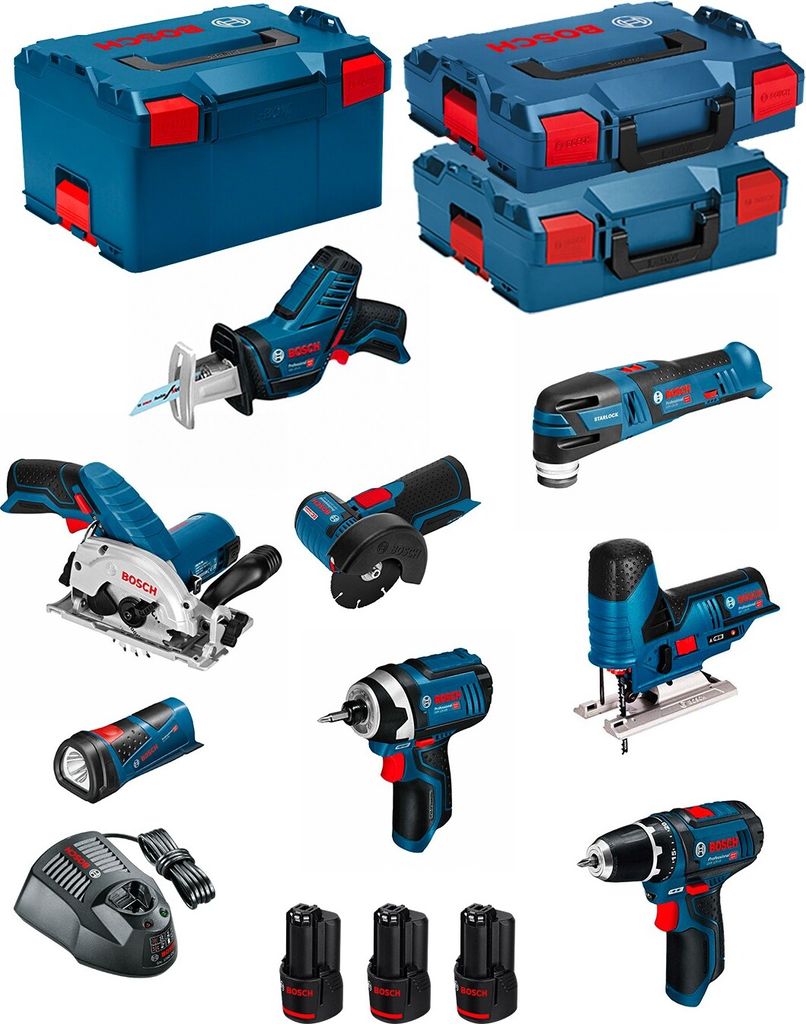 BOSCH Kit 12V BMK8-28BD3 (GSR 12V-15+GDR 12V-105+GKS 12V-26+GWS 12V-76+GST 12V-70+GOP 12V-28+GSA 12V-14+GLI 12V-80+3 x 2,0Ah)