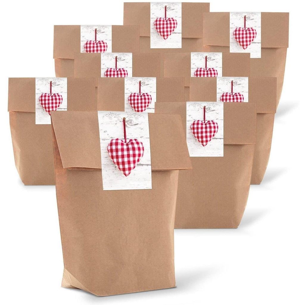 25 kleine braune natur Geschenktüten Papier-Tüten + beschreibbare Aufkleber WEISS KLEEBLATT Glücksbringer 14 x 22 x 5,6 cm Verpackung Geschenk H...