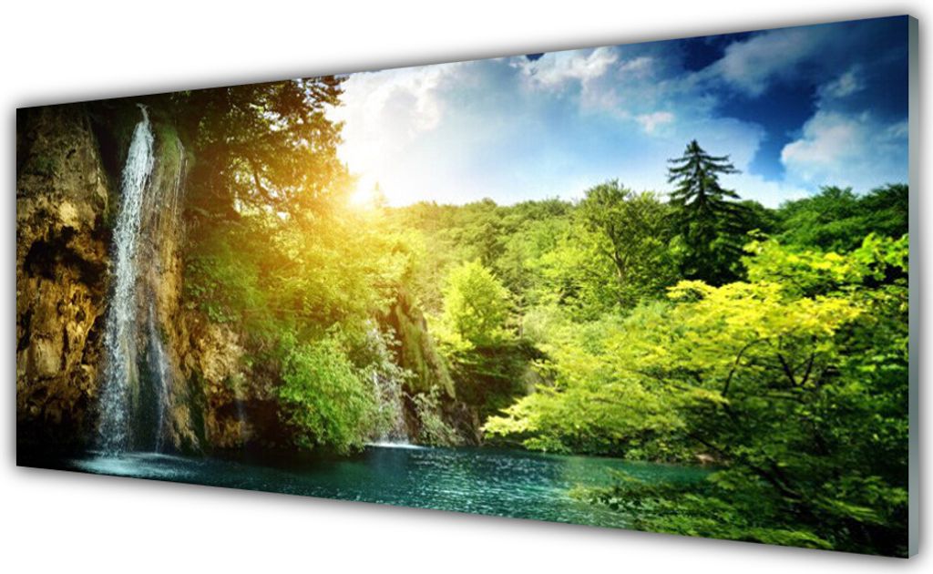 Küchenrückwand aus Glas 125x50cm Spritzschutz Wasserfall Bäume Landschaft