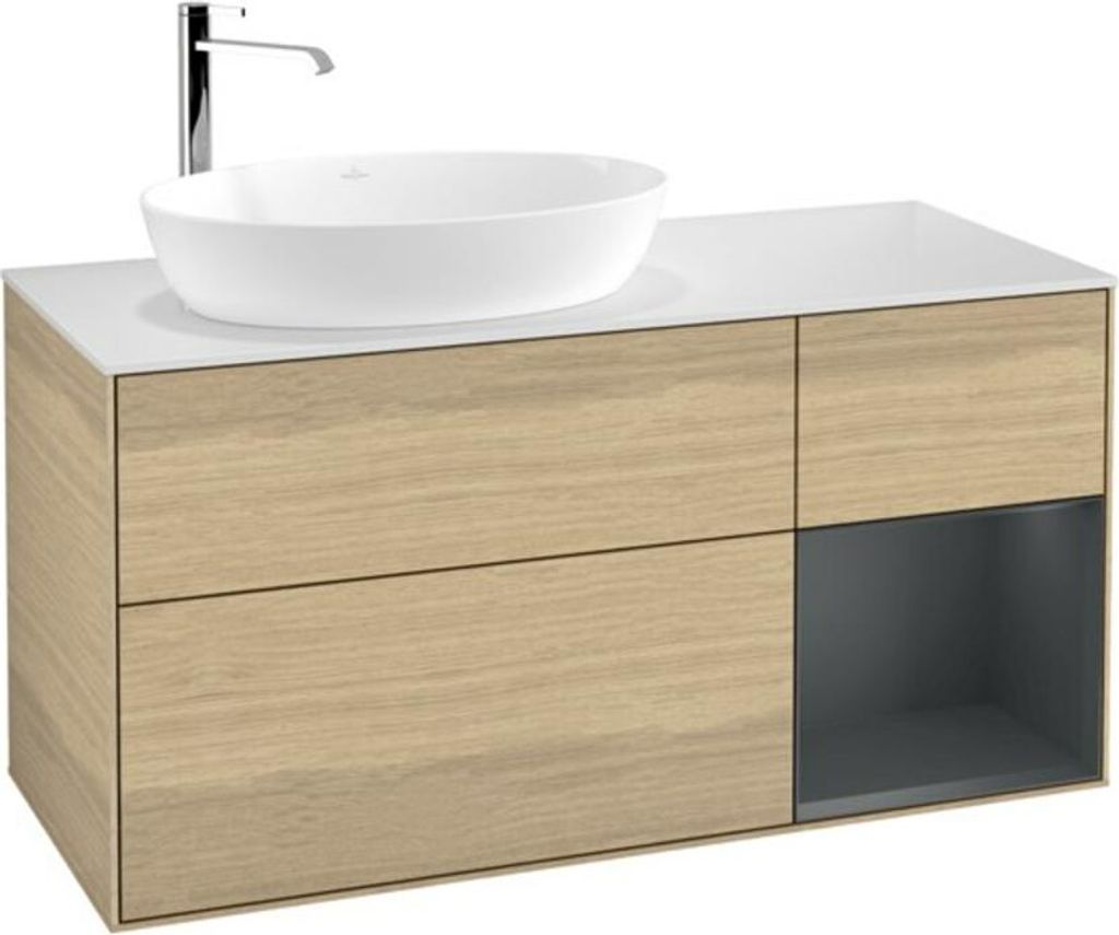 V&B Waschtischunterschrank Wandbeleuchtung Finion 120cm, Pl wh. m, Reg md m Lac, Oa ven