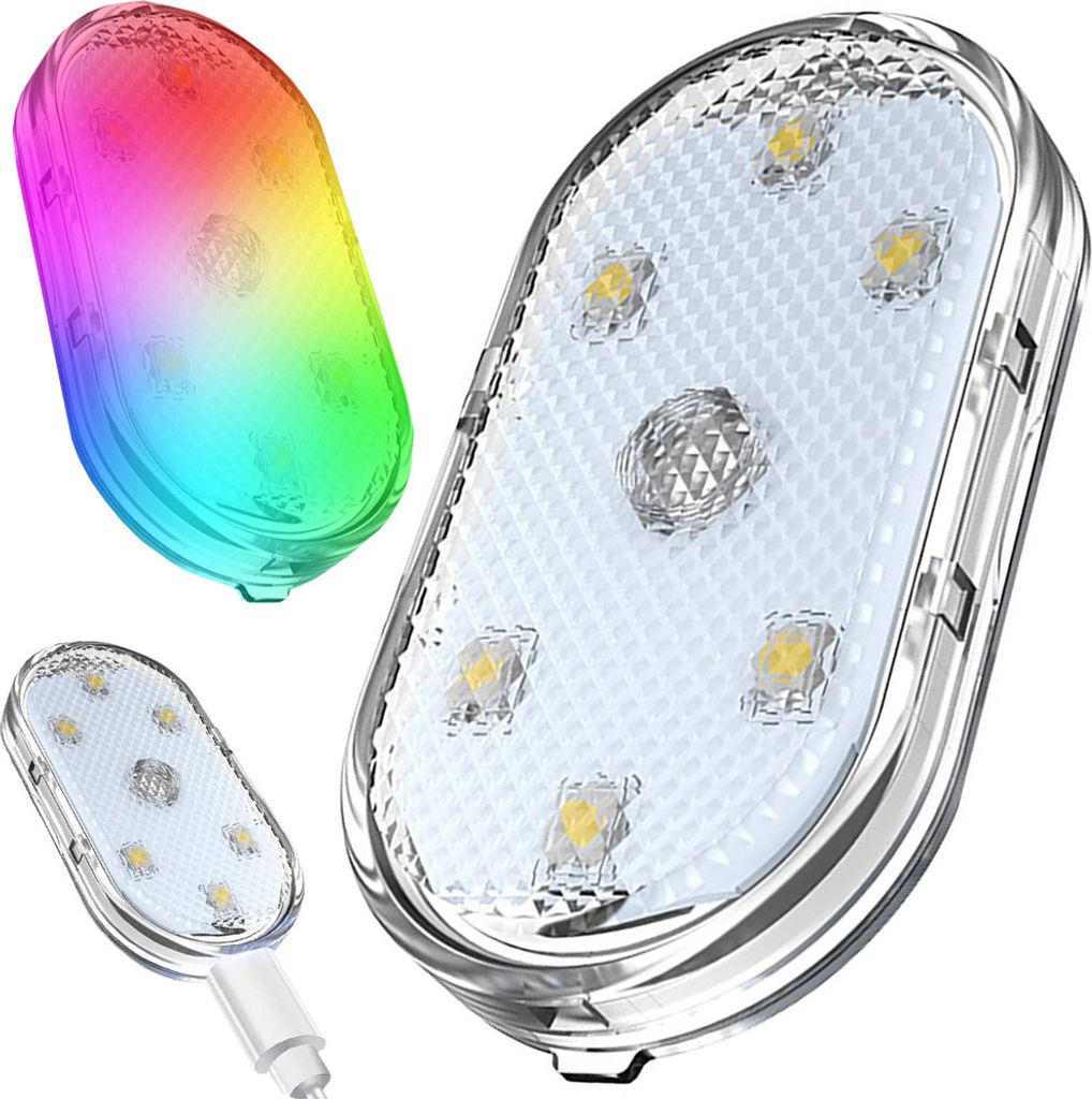 A collage of three images showing an oval-shaped LED light with a clear plastic casing. One image shows the light with a USB cable attached, another shows the light with a rainbow color gradient, and the largest image shows the light with multiple LEDs ill