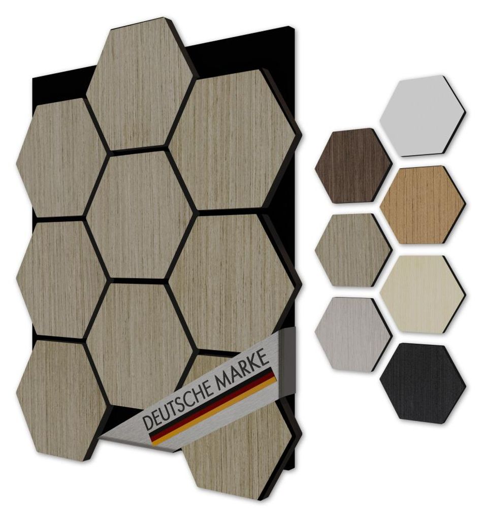 AKUSTIKO Hexagon 3D Wandpaneele 3 Stück 567x693mm - Filz Akustikpaneele & MDF Träger Technisches Furnier Holzoptik Waben Wandverkleidung & Wandde...