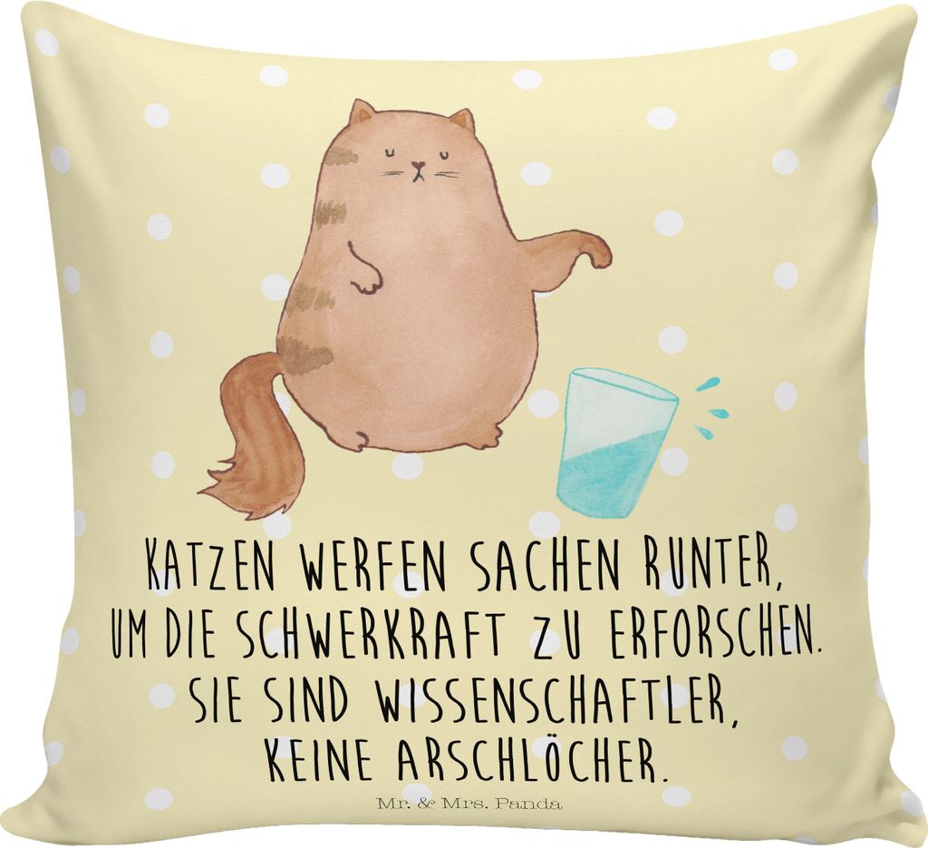 Mr. & Mrs. Panda kissen bedruckt Katze Wasserglas - Gelb Pastell - Geschenk, Polster, Katzen, Deko, Haustier, kuschelkissen 40x40, Cats, Cat, zier,...