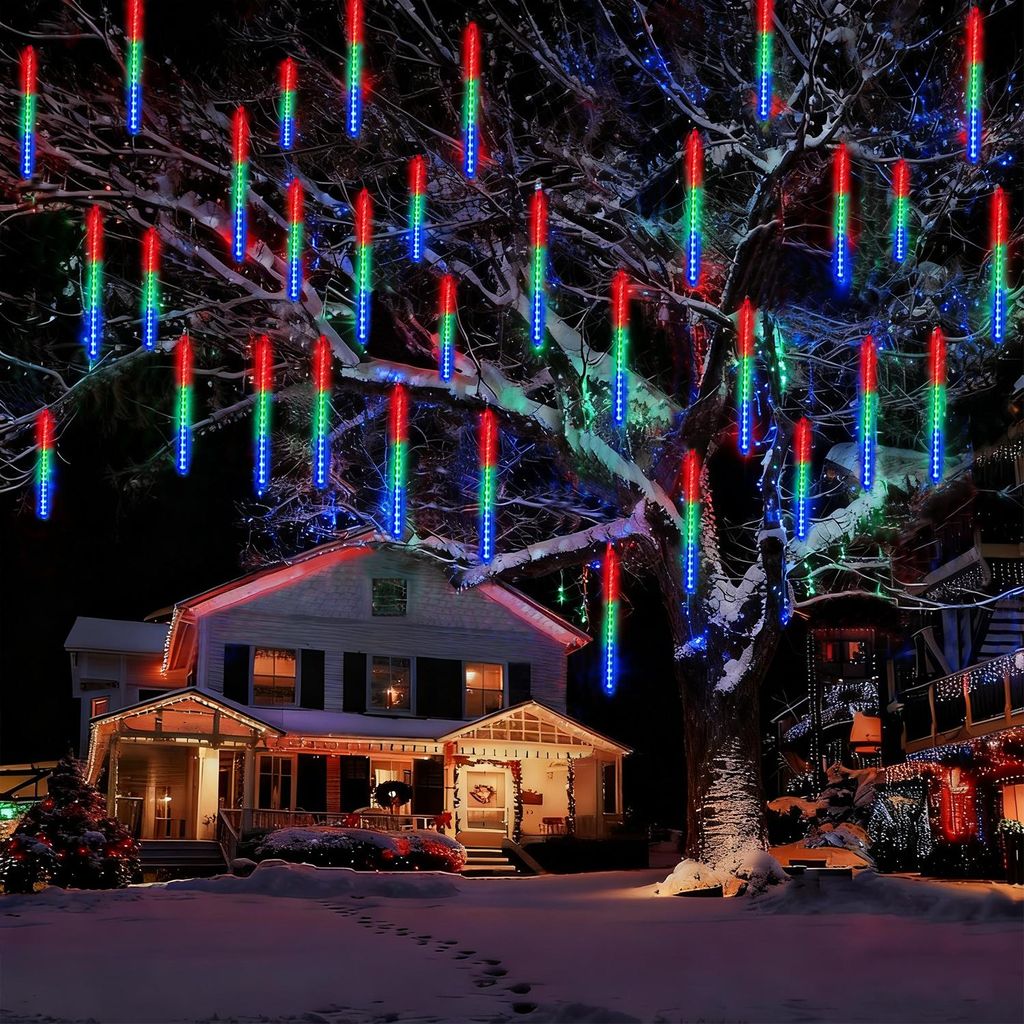 Meteorschauer lichterkette Innen, 192LED Meteorschauer Lichter IP65, 7V Weihnachtsbeleuchtung Deko für Fenster Baum Garten, Bunt