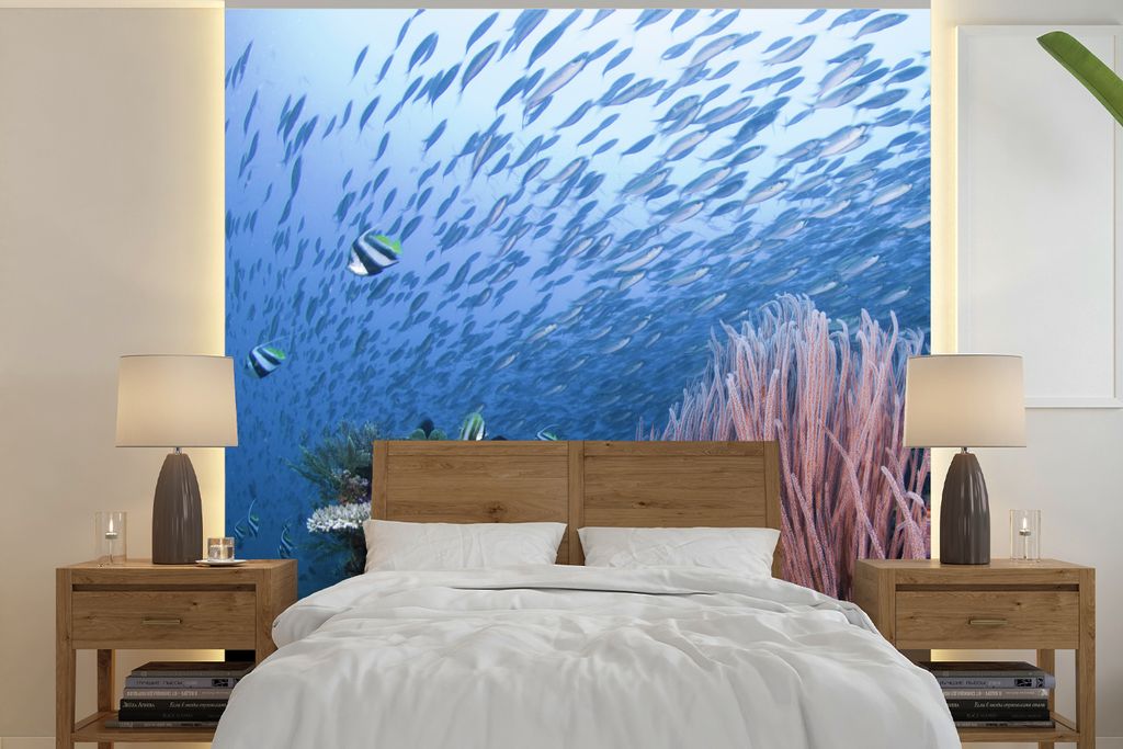 MuchoWow Fototapete für Wohnzimmer oder Schlafzimmer Wandtapete Vinyl Motivtapete Riff mit einem Fischschwarm - 280x280 cm - Hintergrundbild