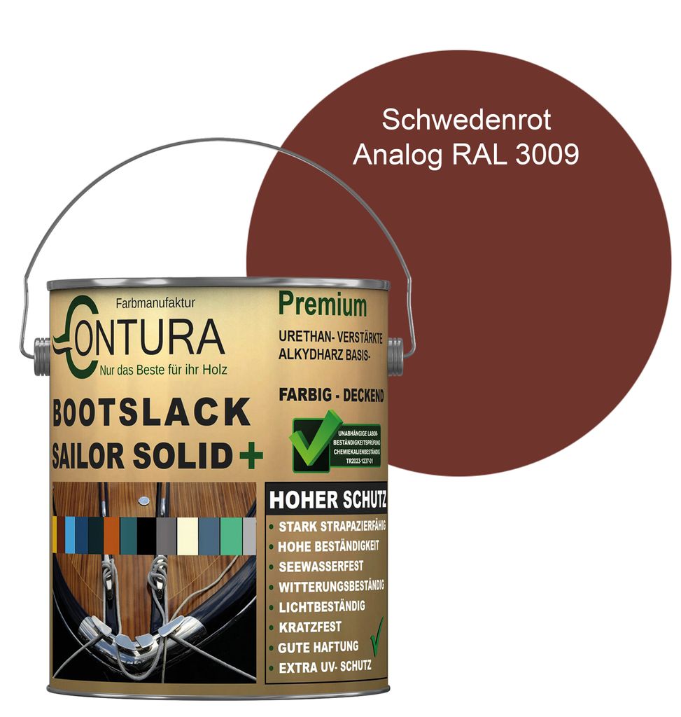 Contura Bootslack 2,5Liter. Farbig Glänzend Yacht- Buntlack Metall Holz GFK Holzlack Schiffslack RAL Boot - Schwedenrot - RAL 3009 Analog