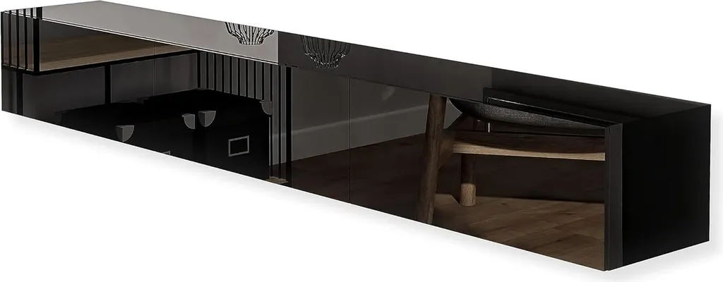 Meuble TV Noir Brillant 270cm - Ensemble Mural XXL pour Salon Moderne