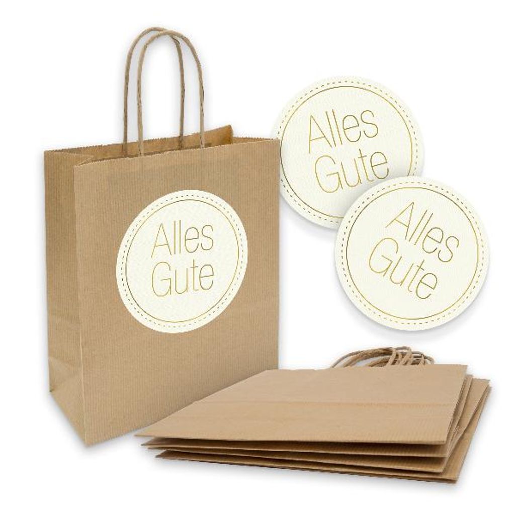 itenga 5x Geschenktüte mit Kordel 18x8x22cm + Sticker ALLES GUTE weiß gold