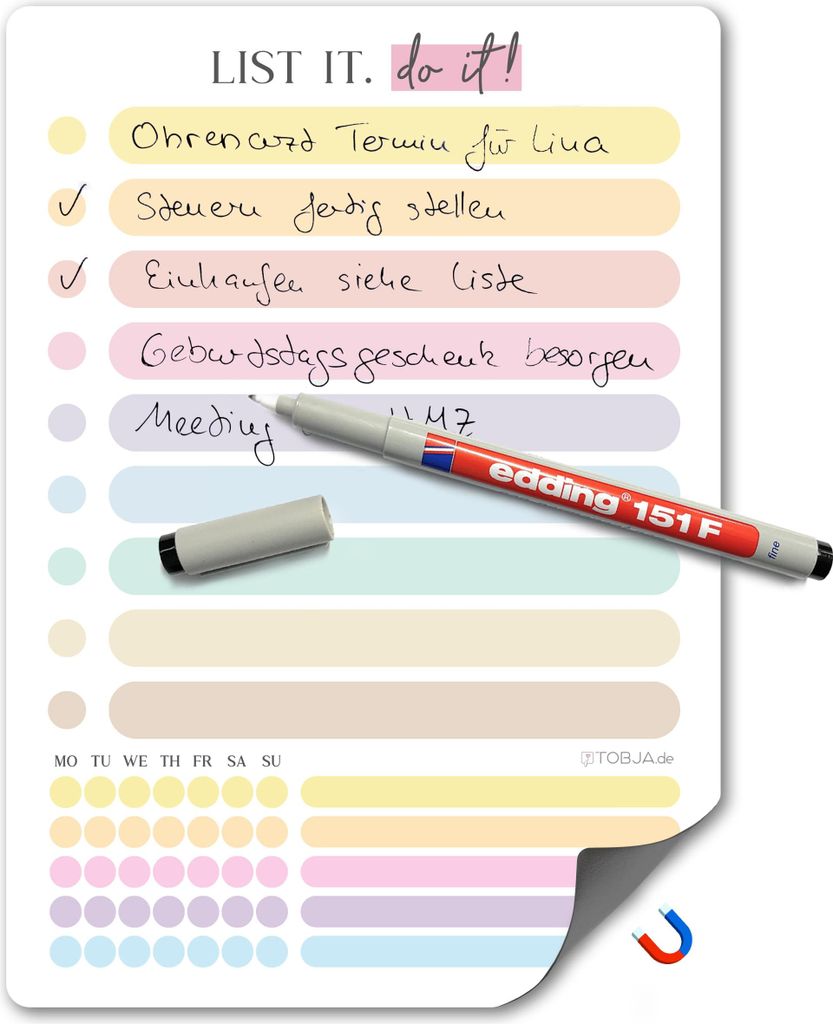 Magnetische To-do Liste A5 bunt inkl. wasserlöslichem Stift Produktbild 