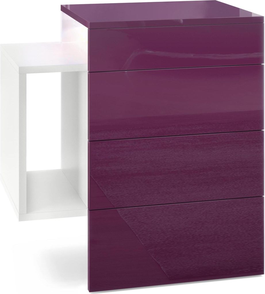 Vladon Nachttisch Queens, Germany, Nachttischschrank mit 2 Schubladen und 1 seitlichem Fach zur Wandmontage, Weiß matt/Brombeer Hochglanz, inkl. L...