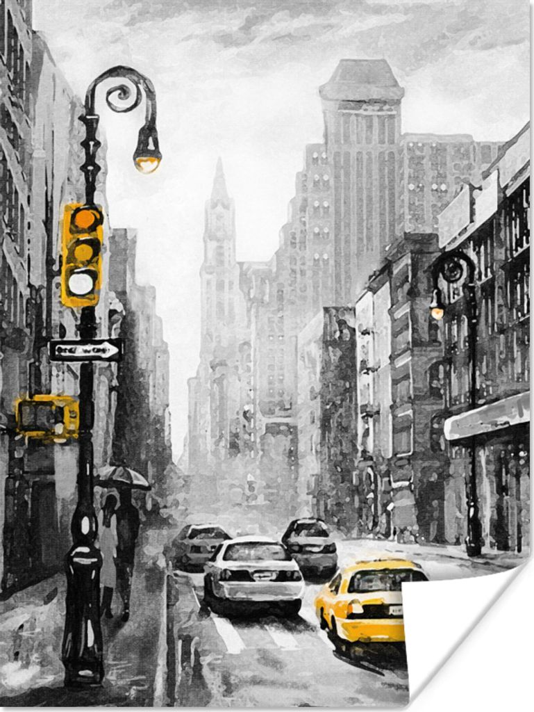 MuchoWow Poster Gemälde - Ölfarbe - Stadt - Auto 120x160 cm - Wandbilder