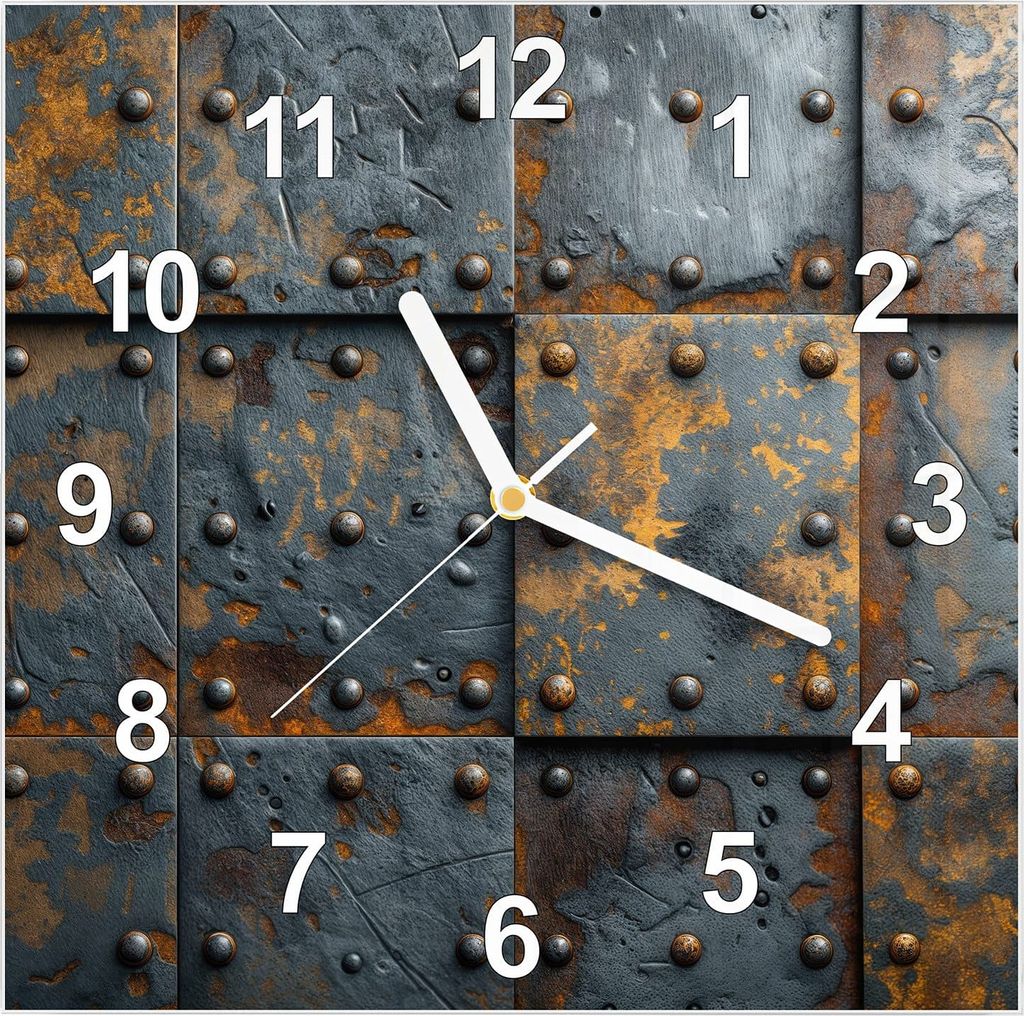 Wanduhr aus Glas mit Motiv Eisenplatten Vintage- 30 x 30 cm - inkl. Aufhängesystem