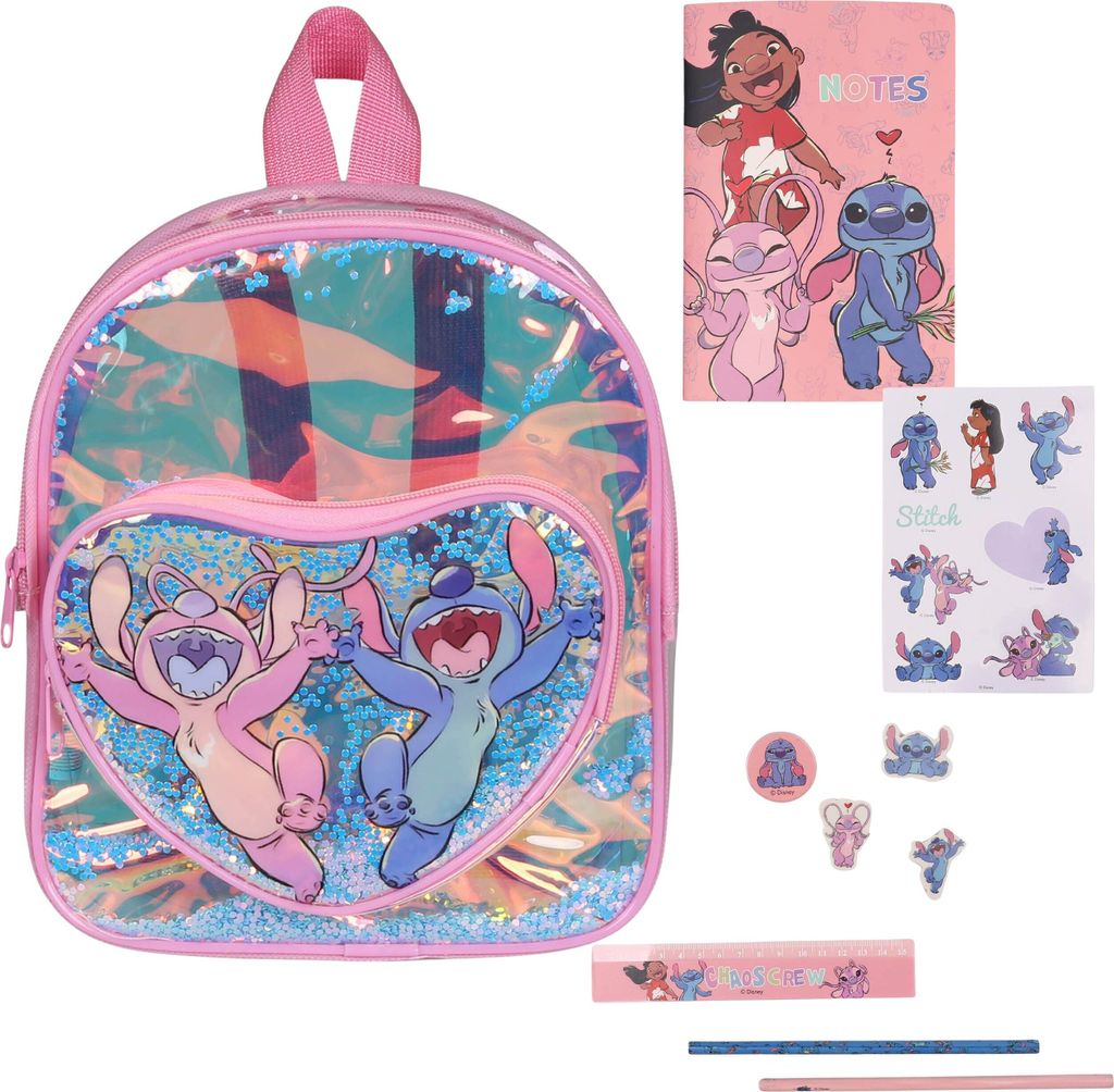 Disney Stitch Kinderrucksack transparent, kleiner Kinderrucksack + Zubehör 24x21x6 cm