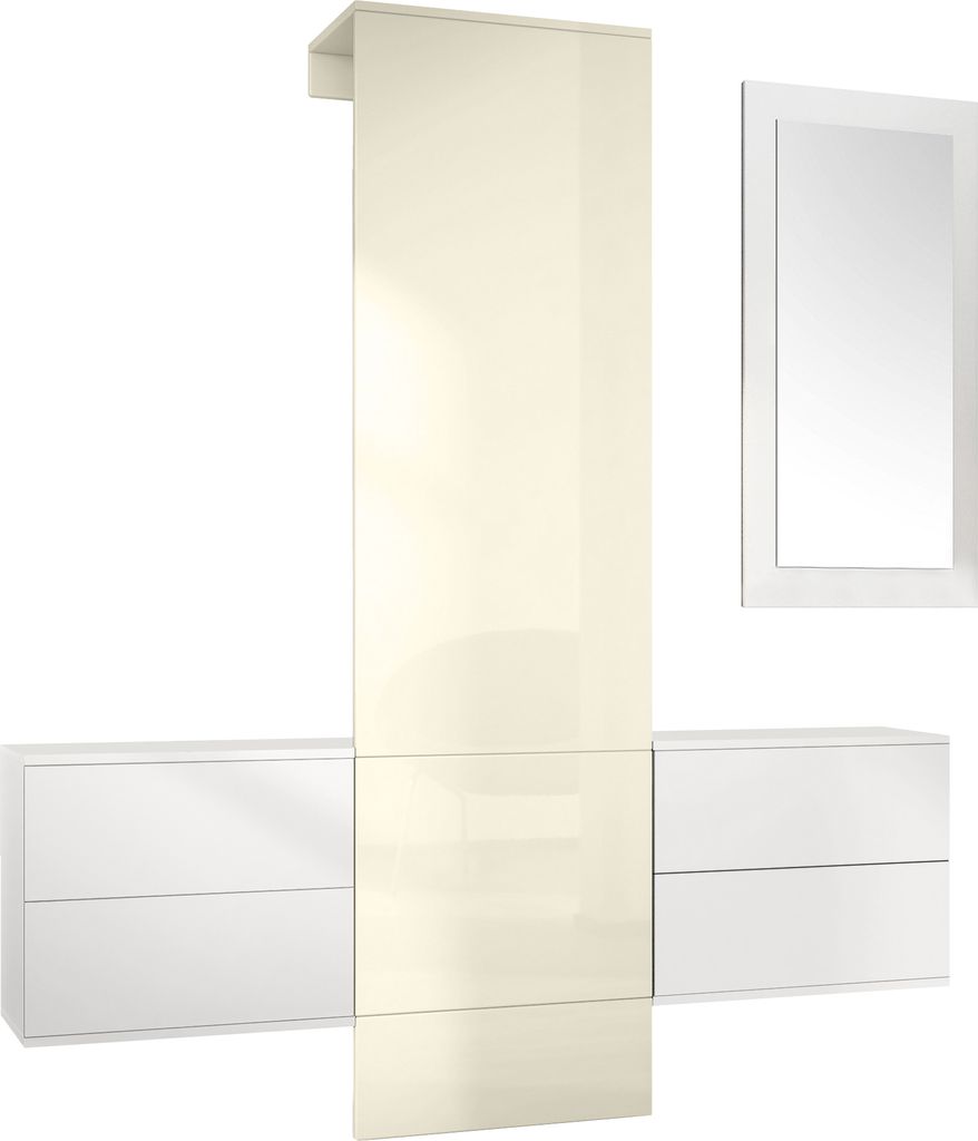 Vladon Garderobe Wandgarderobe Carlton Set 3, Germany, Korpus in Weiß matt / Paneel in Creme Hochglanz