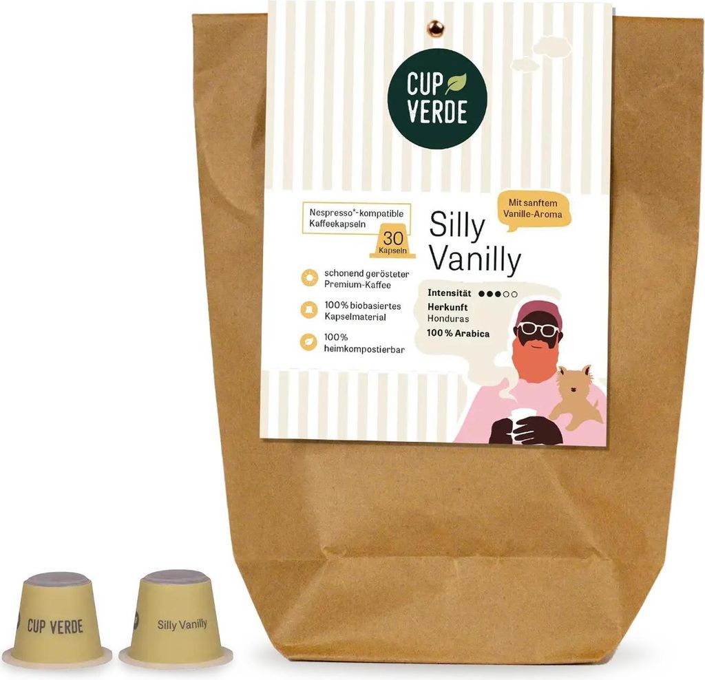 CUP VERDE – 30 nachhaltige VANILLE Kaffeekapseln - kompatibel mit Nespresso* - SILLY VANILLY mit sanftem Vanille Aroma – vegan