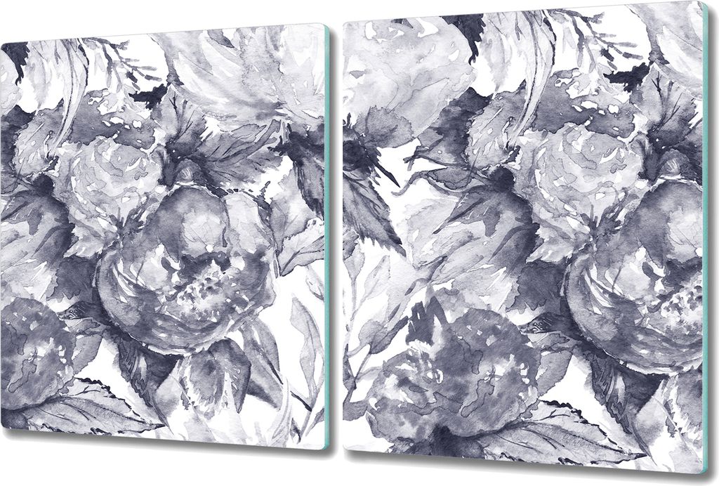 Glas Schneidebrett Herdabdeckplatten Schneideplatten - 2x 40x52 cm - Graue Blumen