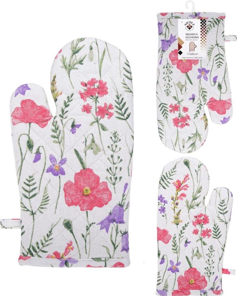 NICOLE dicker Ofenhandschuh aus Textil, 100 % Baumwolle, Art.-Nr. 52343, Muster 5, weiß mit bunten Blumen und grünen Zweigen