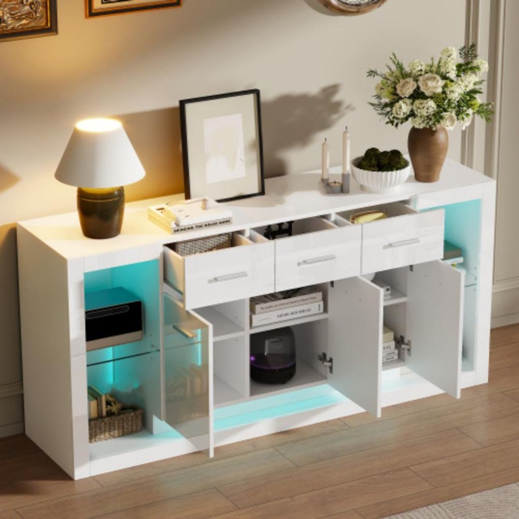 Beistellschrank,Sideboard mit LED-Lichtleiste und 3 Schubladen,Hochglanz-Kommode mit 14 Ablagefächern 160*40*75cm