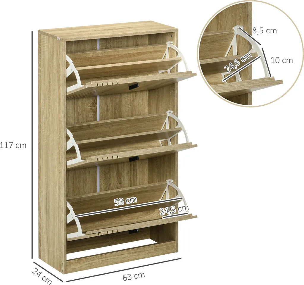 Meuble chaussures grande capacité 3 compartiments en bois de chêne