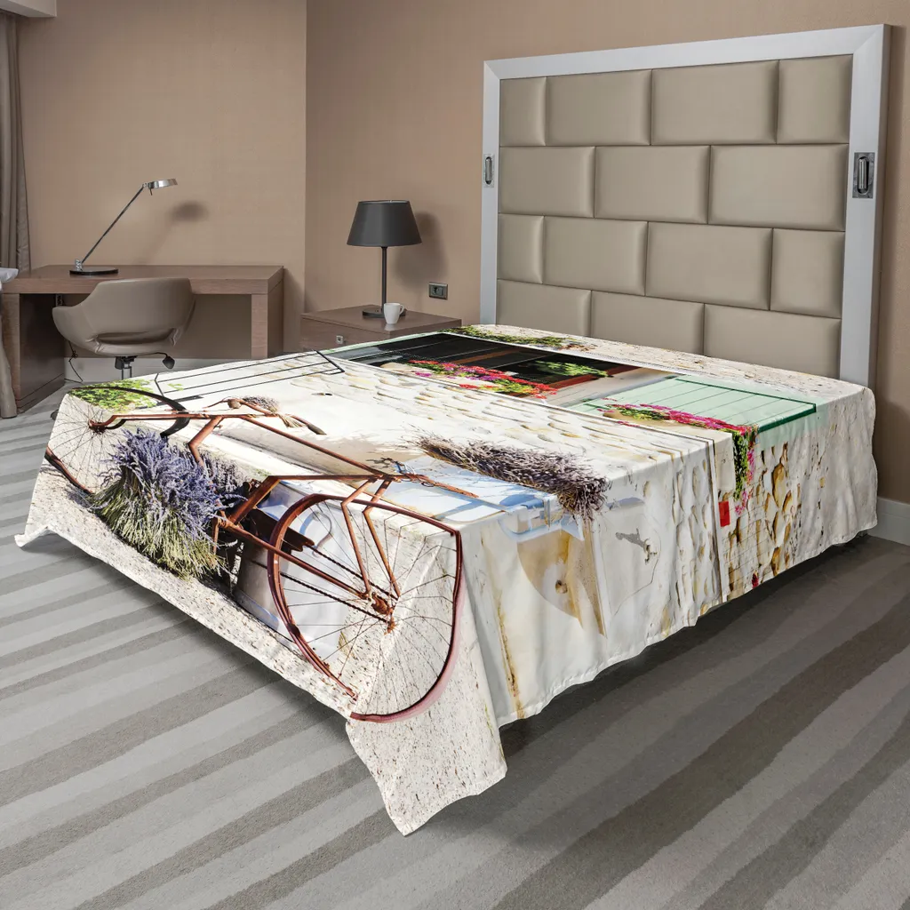 Drap de lit décoratif doux motif vélo et maison en pierre européenne