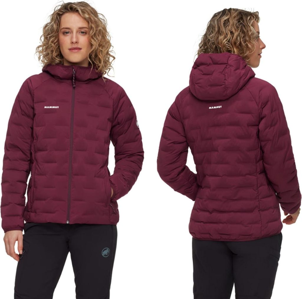 A woman is shown wearing a burgundy hooded jacket, with a second image showing the back of the jacket.