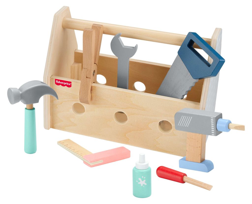 Fisher-Price Holz-Werkzeugkasten für das Rollenspiel im Kindergartenalter, 9 Spielteile aus Holz, 3 Jahr(e)