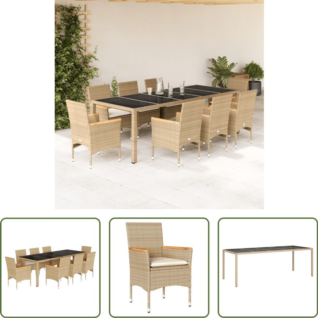 The Living Store 9-tlg. Garten-Essgruppe mit Kissen Beige Poly Rattan Glas