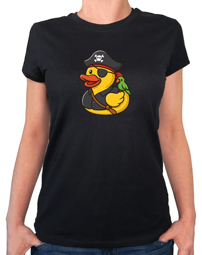 Huuraa Damen T-Shirt Quietscheente Pirat Gummiente Freibeuter M Black Bio Baumwolle Fairtrade Damenshirt Geschenkidee