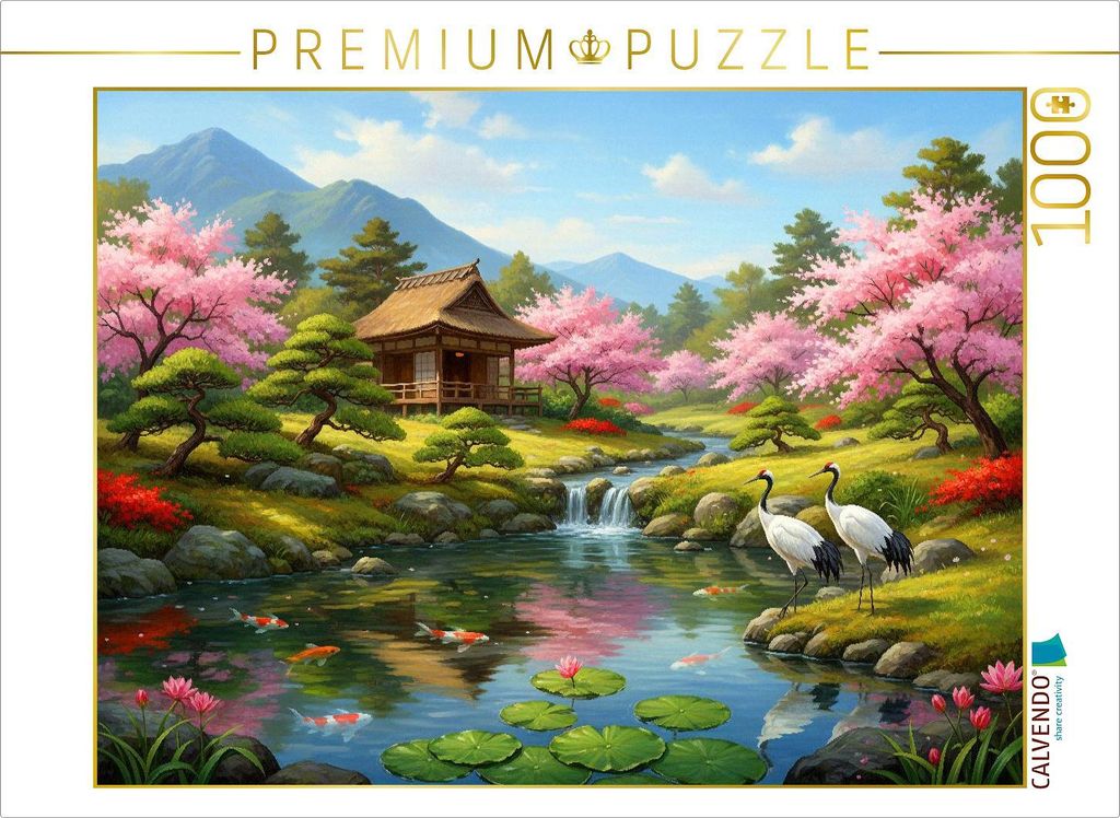 CALVENDO Puzzle Japanische Stille mit Kranichen und Kirschbäumen | 1000 Teile Lege-Größe 64x48cm Foto-Puzzle für glückliche Stunden