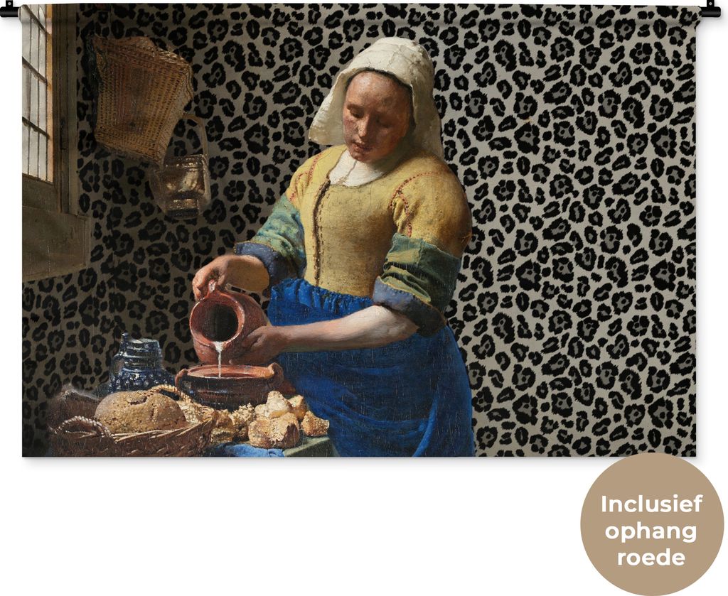 MuchoWow Wandteppich Wandbehang Milchmädchen - Kunst - Pantherdruck - Vermeer - Gemälde - Alte Meister 150x100 cm Tapisserie Dekoration Wandtuc...