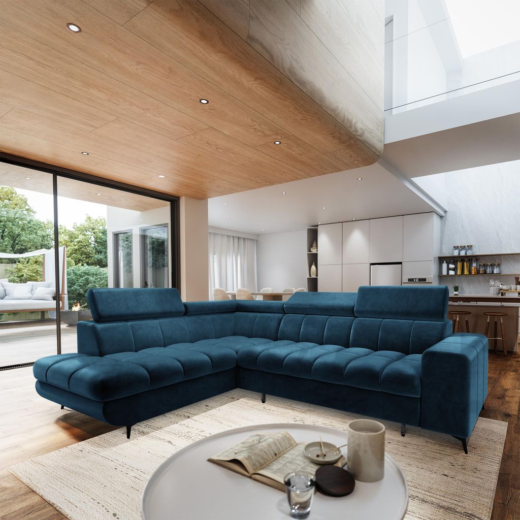 Masseno Ecksofa MORIVA L-S mit Schlaffunktion L-Form, Sofa mit Bettkasten, Wohnzimmersofa, Couch, Soffa, Bettsofa, Couchgarnitur- Blau, MONOLITH 77