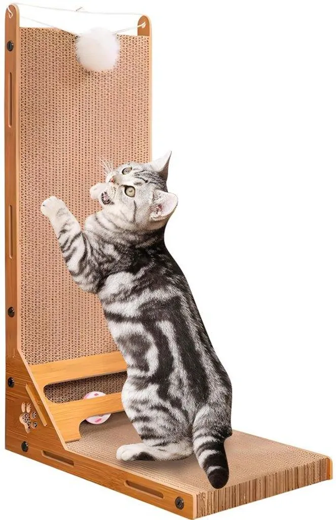 Griffoir chat en L 60 cm avec jouets et clochettes pour coin de mur