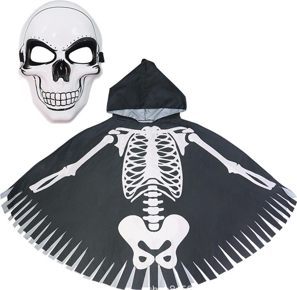 Halloween-Skelett-Poncho mit Kapuze, Skelett-Umhang, Halloween-Party-Kostüm, Cosplay-Outfit für Kinder und Erwachsene