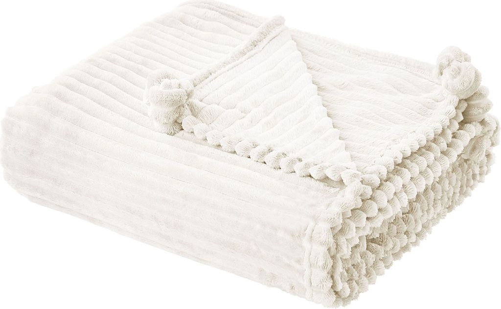 BELIANI Decke Weiß Polyester mit Streifenoptik und kleinen Bommeln Flauschig Kuschelig 150 x 200 cm Wohnzimmer Schlafzimmer