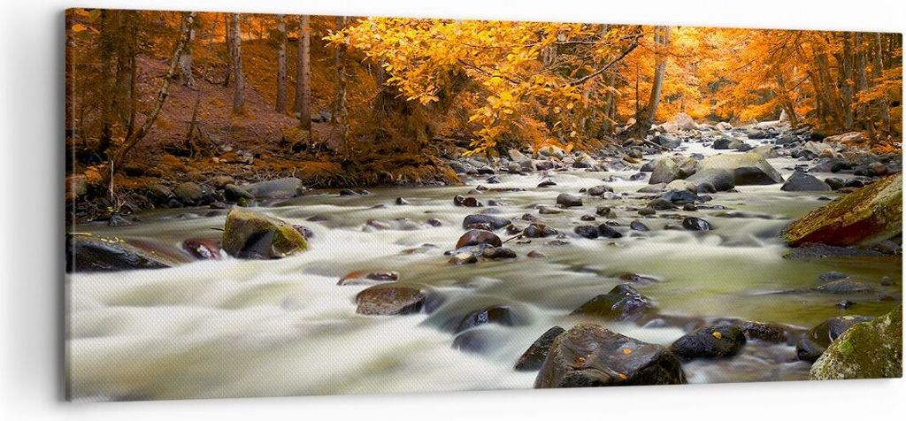Bild auf Leinwand - Leinwandbild - Stream Herbst Forrest Berg - 120x50cm - Wand Bild - Wanddeko - Leinwanddruck - Bilder - Kunstdruck - Wanddekorat...