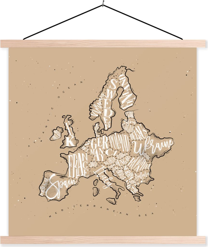 MuchoWow Textilposter Europa - Karte - Braun - Briefe 60x60 cm mit holzfarbenen Rahmen - Wanddekoration