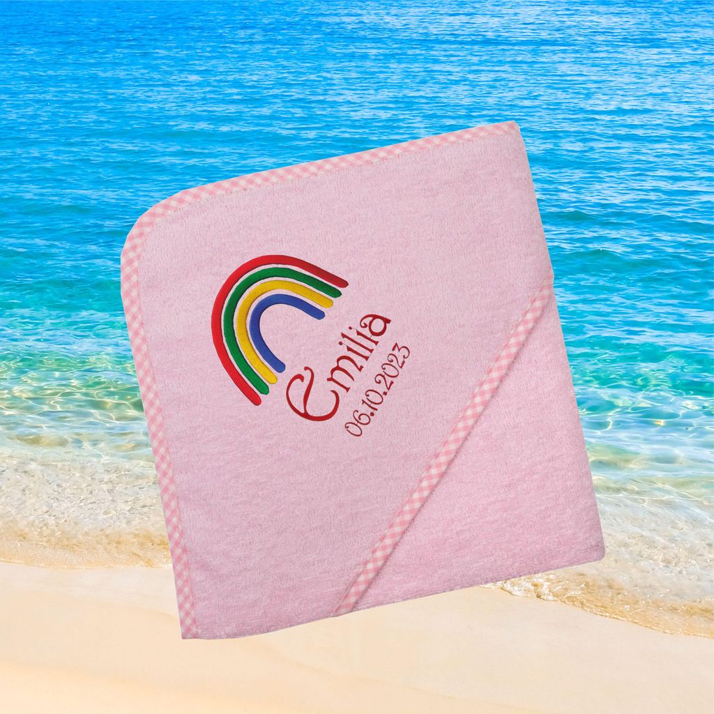 Kapuzenhandtuch für Babys/Mädchen, rosa, Größe ca. 80 x 80 cm, Motiv Regenbogen, Frottee in Baumwolle, bestickt personalisierbar mit Namen
