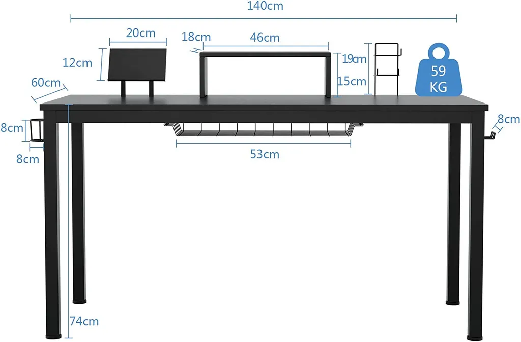 Table d'Ordinateur Gaming 140 cm Ergonomique avec Support Multimédia
