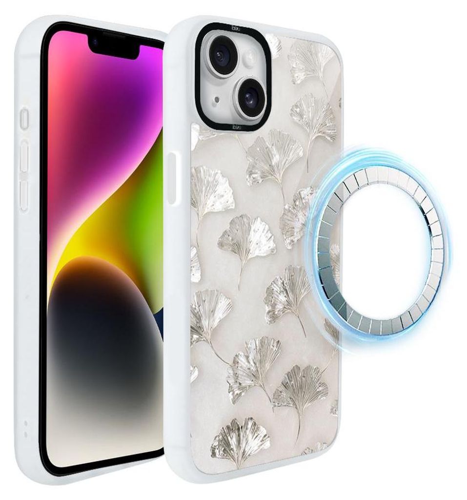 Schutzhülle für das iPhone 14, MagSafe-kompatibel, mattweiße Seiten, weißer Marmor, silberne Blätter