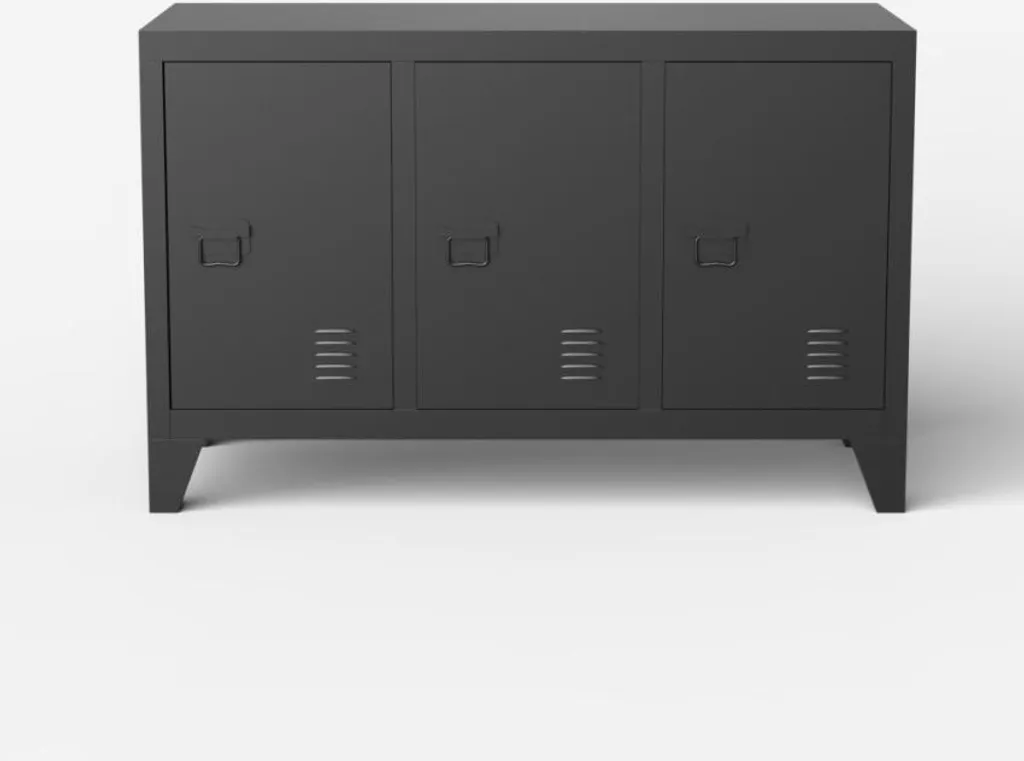 Banc TV style loft en métal noir Yasur - Buffet bas 3 portes 120cm