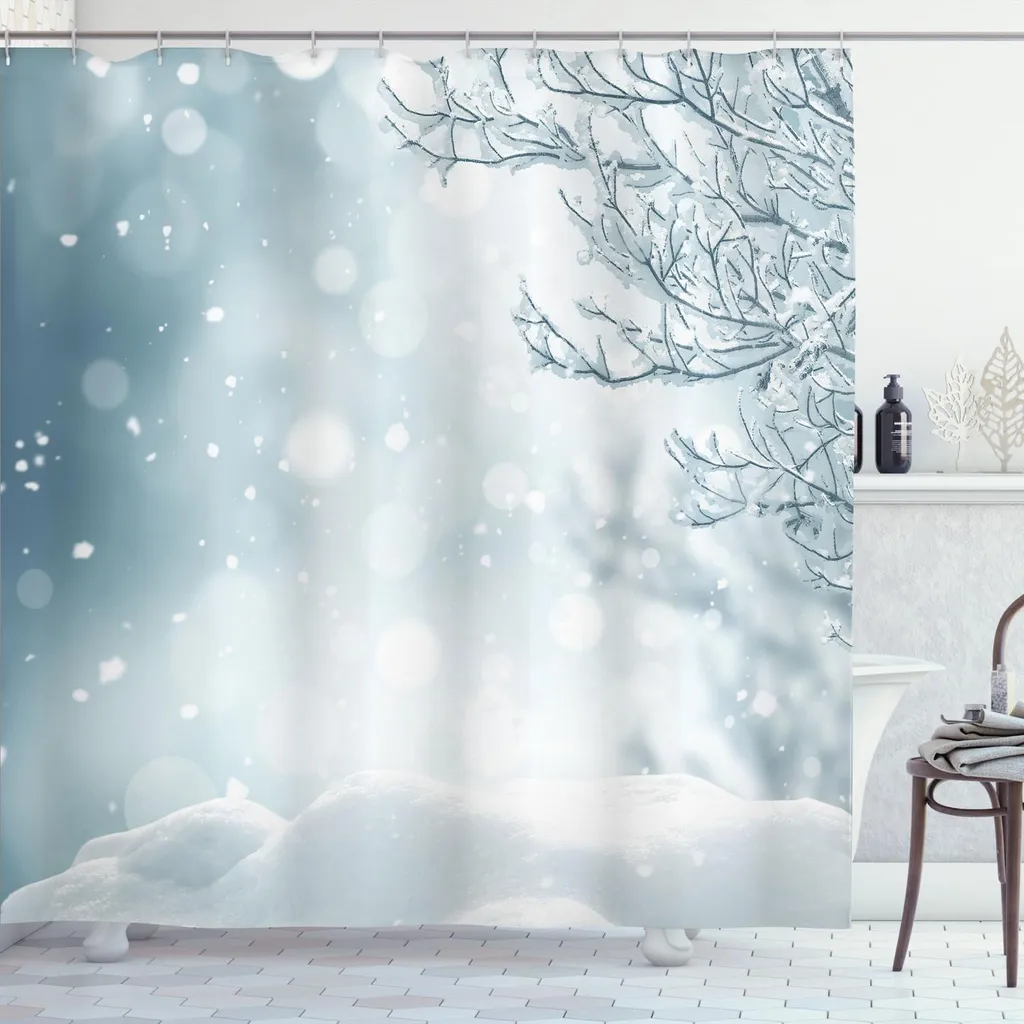 Rideau de douche textile extra large - Motif sapin givré et neige d'hiver