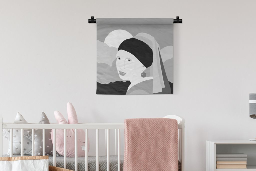 MuchoWow Wandteppich Wandbehang Girl With A Pearl Earring - Schwarz - Weiß - Sonne 60x60 cm Tapisserie Dekoration Wandtuch - Dekorationen - Wand...