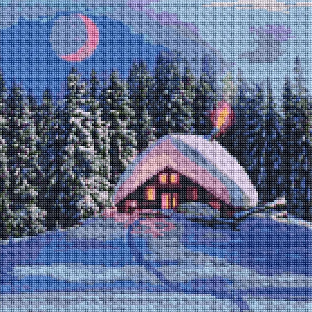 Mosaïque de diamants Chalet enneigé 40x40cm - Kit complet broderie diamant